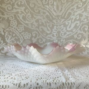 Milk Glass Lusterware Pink Square Candy Dish Ruffled Sawtooth Edge Diamond Cut